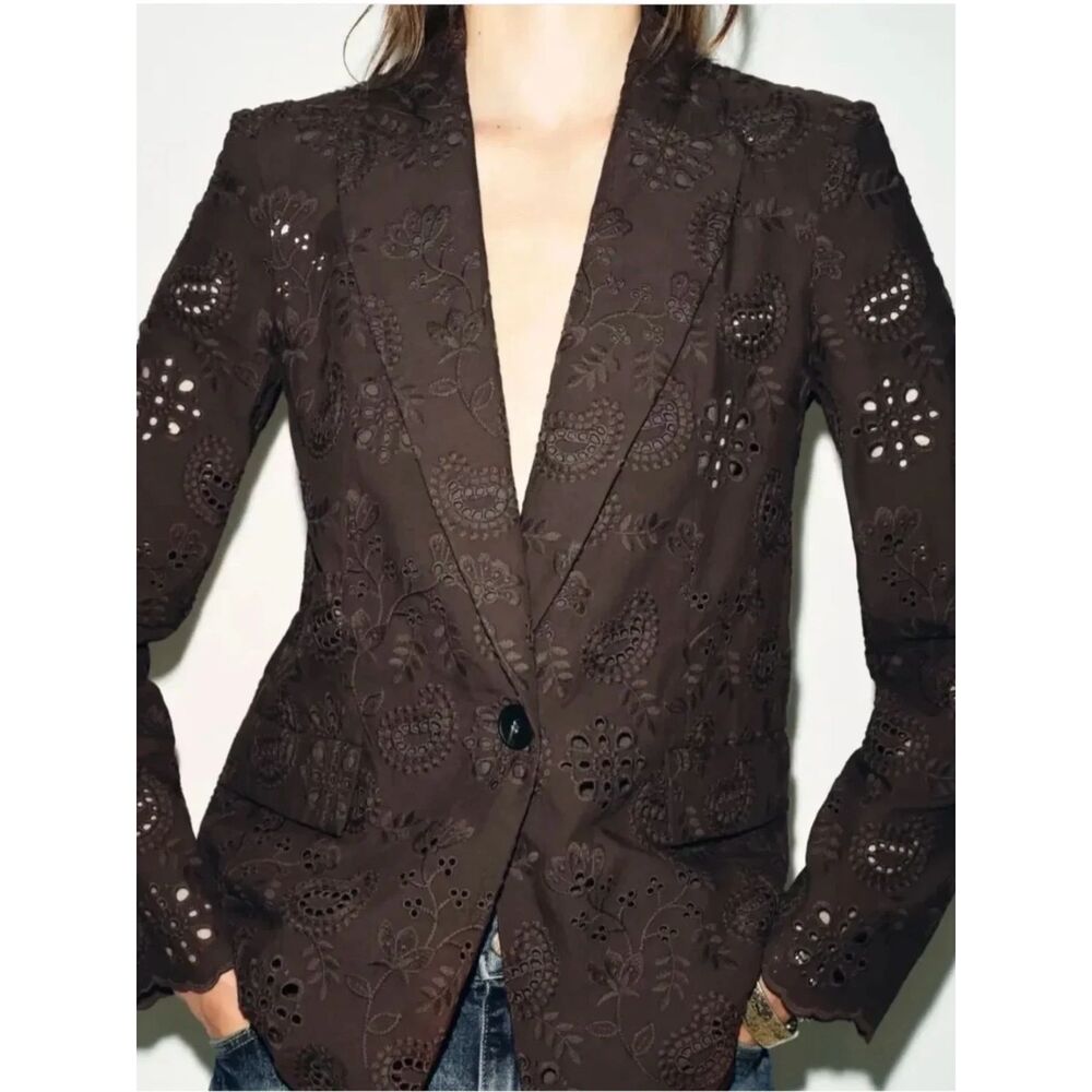 NEW ZARA Women Brown Paisley Floral Eyelet Embroidery One Button Blazer Jacket